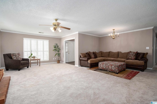 living area featuring baseboards, carpet floors, and crown molding