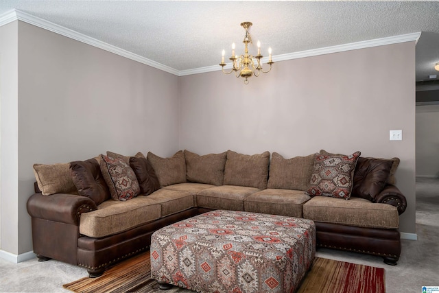 living room with carpet, a chandelier, crown molding, and a textured ceiling