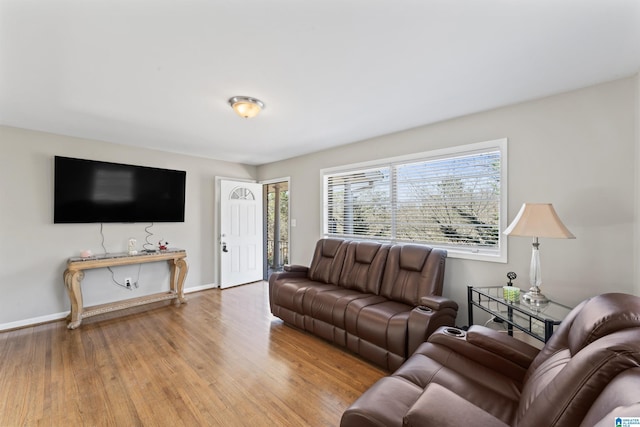 living room with baseboards and wood finished floors