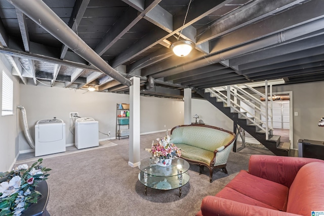 basement with washer and clothes dryer, carpet flooring, stairs, and baseboards