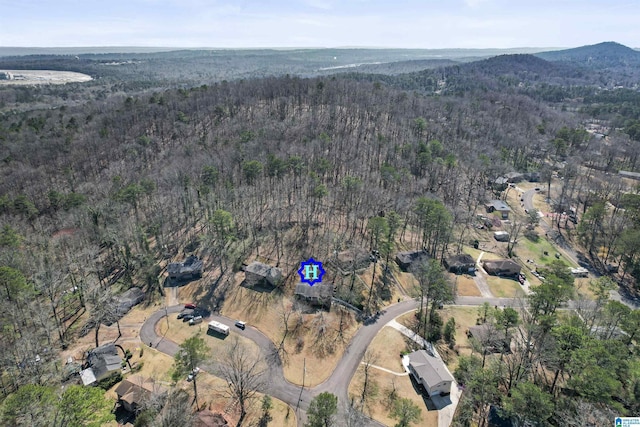 aerial view featuring a view of trees and a mountain view