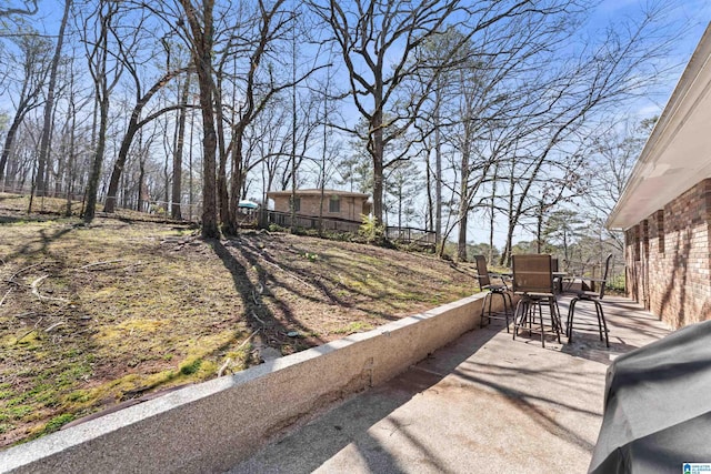 view of yard featuring fence, outdoor dining space, and a patio area