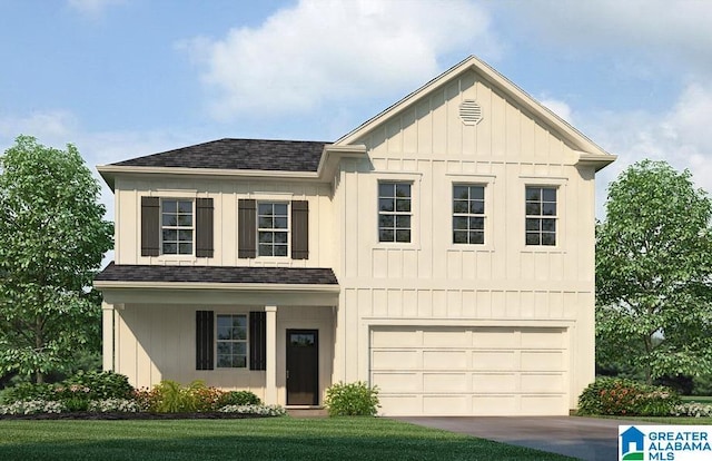 view of front of property with board and batten siding, an attached garage, driveway, and roof with shingles