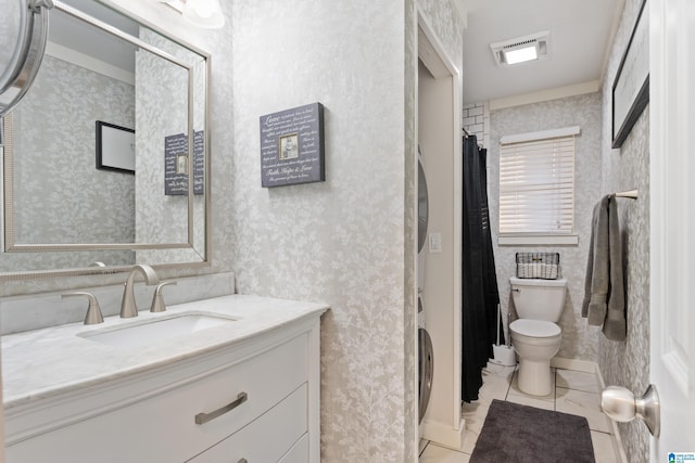 full bath with curtained shower, wallpapered walls, toilet, tile patterned floors, and vanity