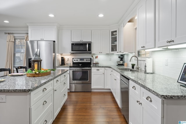 kitchen with white cabinetry, dark wood-style floors, appliances with stainless steel finishes, and a sink