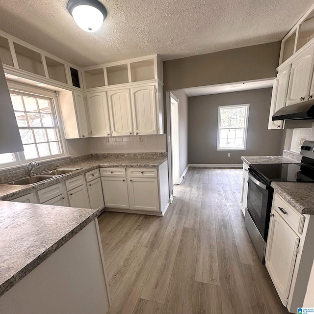 341 Park Rd, Pleasant Grove, AL 35127 - kitchen featuring a sink, under cabinet range hood, white cabinetry, stainless steel range with electric cooktop, and light wood-style floors