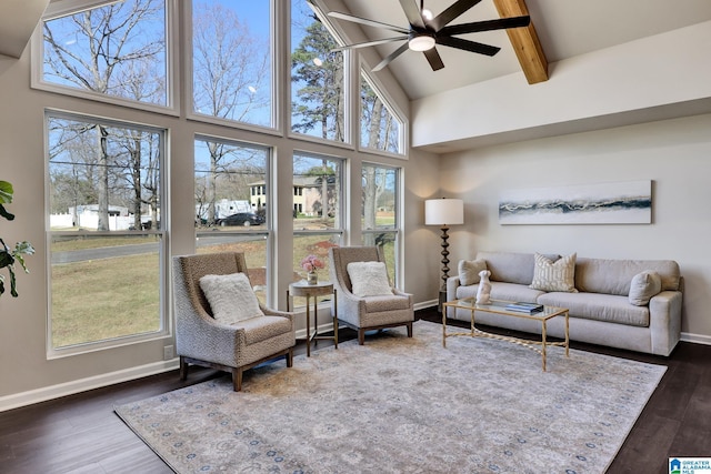 living room featuring a ceiling fan, baseboards, high vaulted ceiling, beam ceiling, and dark wood-style flooring