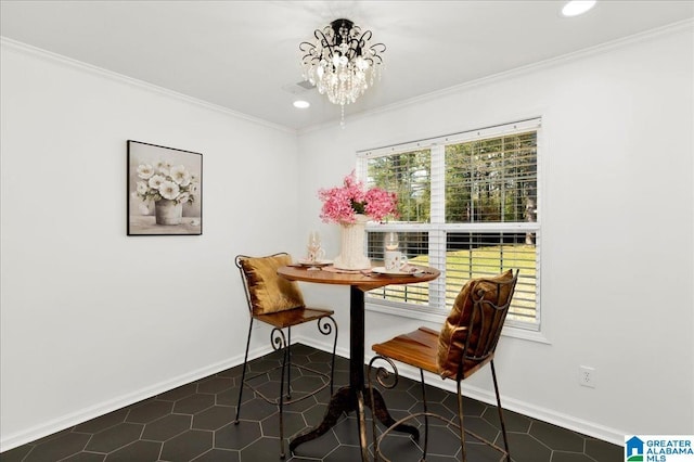 dining space with recessed lighting, baseboards, a chandelier, and ornamental molding