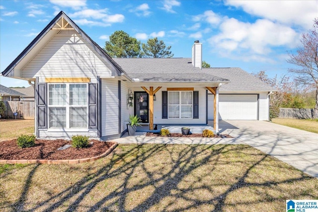 view of front of property featuring fence, a porch, concrete driveway, a chimney, and a garage