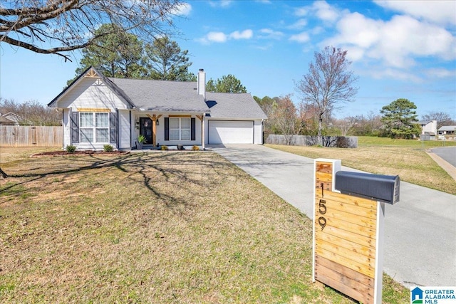 ranch-style house with a front lawn, fence, concrete driveway, an attached garage, and a chimney