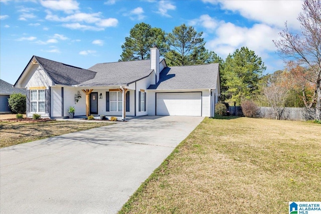 view of front facade featuring fence, concrete driveway, a front yard, a garage, and a chimney