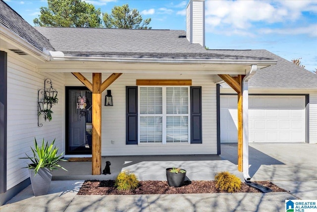 doorway to property with a porch, an attached garage, concrete driveway, and roof with shingles