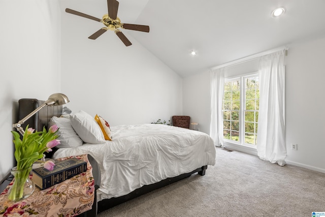 carpeted bedroom with visible vents, recessed lighting, lofted ceiling, and ceiling fan