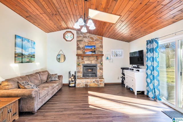 living area with lofted ceiling with skylight, wood finished floors, an inviting chandelier, wooden ceiling, and baseboards