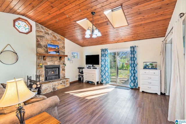 living area with wood finished floors, a stone fireplace, a skylight, and wooden ceiling