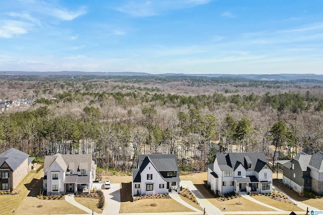 bird's eye view with a residential view and a wooded view