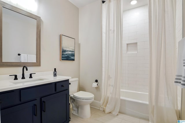 bathroom with toilet, shower / bath combo, vanity, and tile patterned flooring