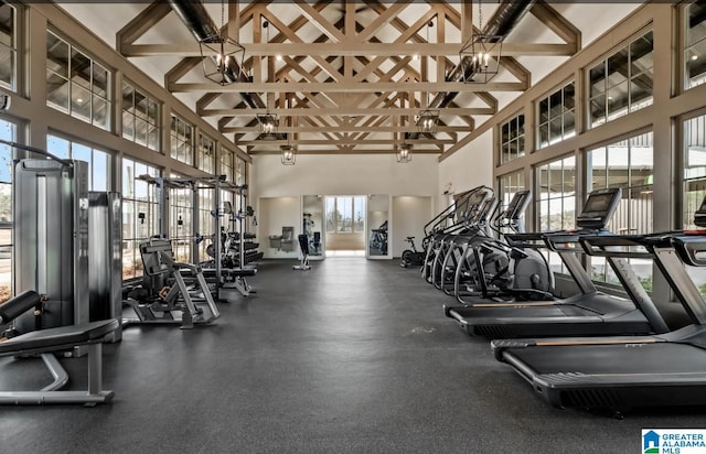 exercise room with a towering ceiling