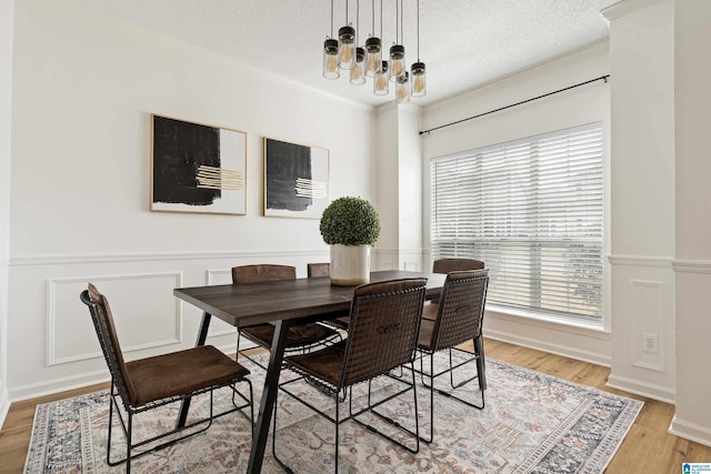 dining room featuring light wood-style floors, a wealth of natural light, and a textured ceiling