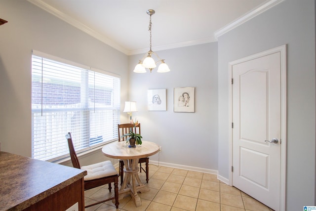 dining space featuring crown molding, light tile patterned floors, and baseboards