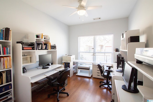 home office featuring visible vents, dark wood finished floors, and a ceiling fan