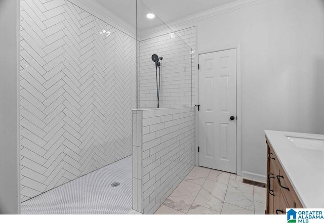 bathroom featuring visible vents, a walk in shower, ornamental molding, marble finish floor, and vanity