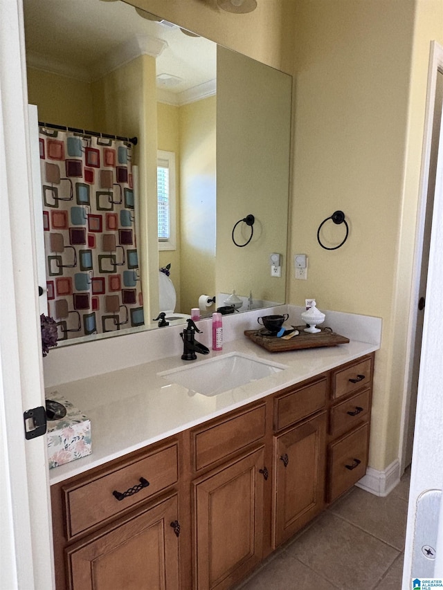 full bath with tile patterned floors, a shower with curtain, ornamental molding, and vanity