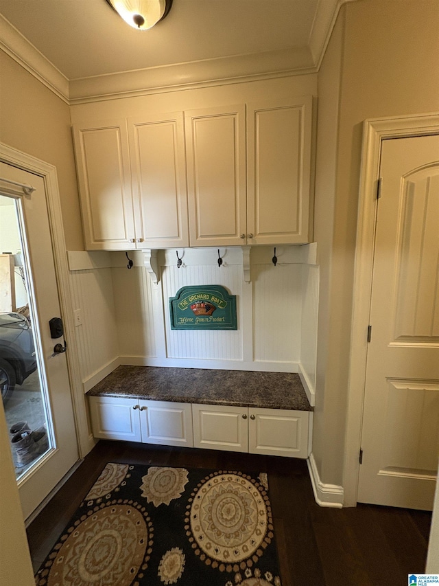 mudroom featuring baseboards, dark wood-type flooring, and crown molding