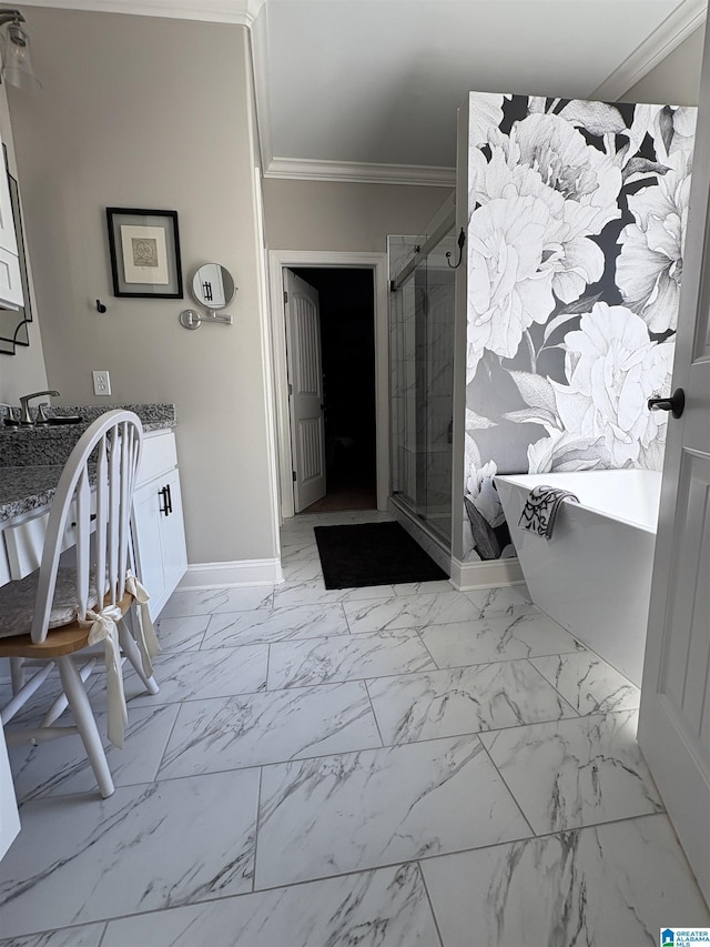 full bathroom with marble finish floor, ornamental molding, a shower stall, a soaking tub, and vanity