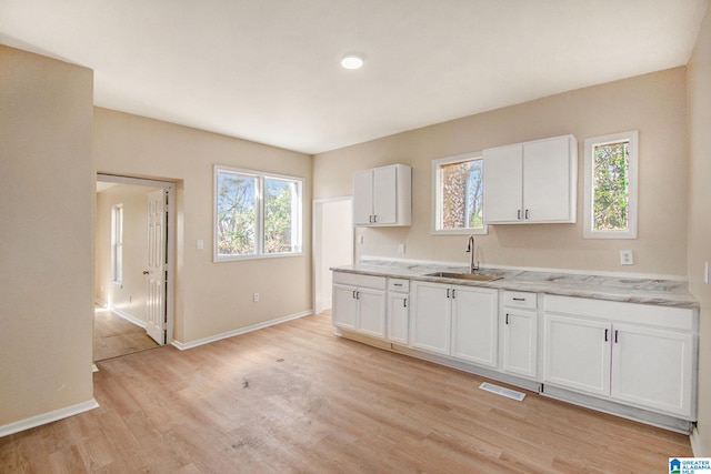 kitchen with baseboards, visible vents, a sink, white cabinets, and light wood-style floors