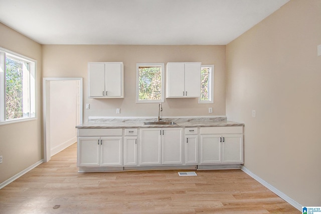 kitchen with baseboards, visible vents, light wood finished floors, a sink, and white cabinets