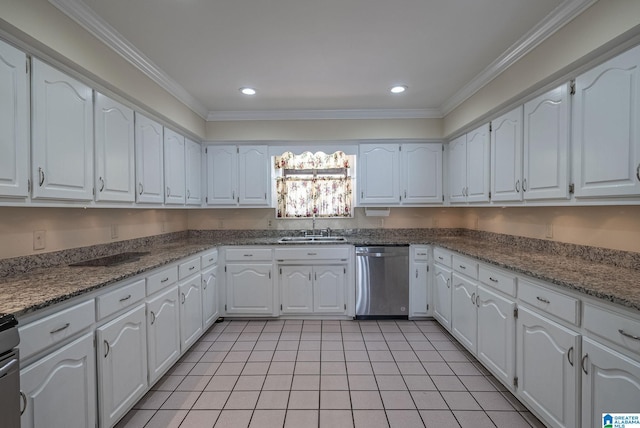 kitchen with ornamental molding, a sink, stainless steel dishwasher, white cabinetry, and light tile patterned floors