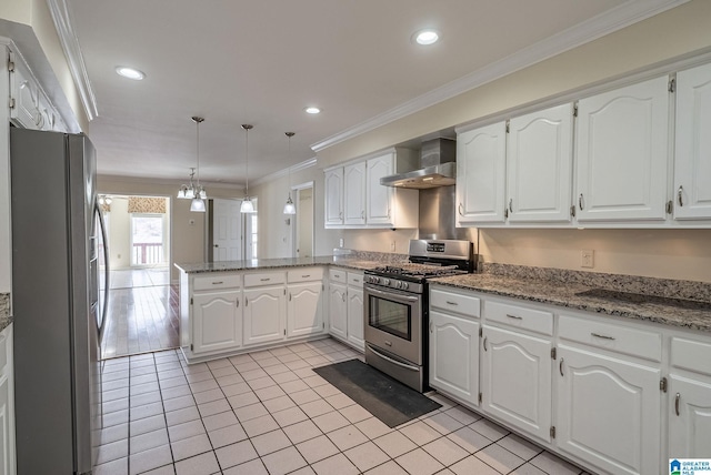 kitchen featuring wall chimney range hood, ornamental molding, appliances with stainless steel finishes, a peninsula, and white cabinetry