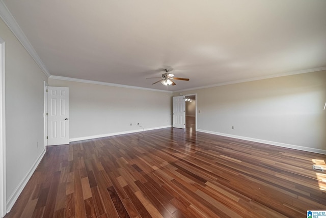 unfurnished room with ornamental molding, baseboards, a ceiling fan, and dark wood-style flooring