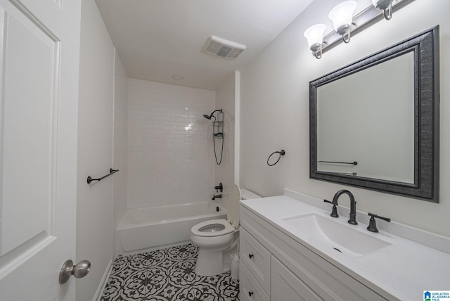 full bath with vanity, visible vents, tile patterned flooring, shower / bath combination, and toilet