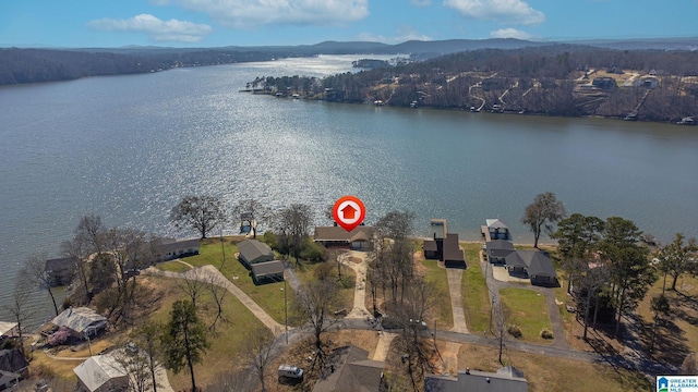 drone / aerial view featuring a water view