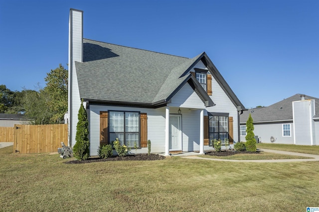 view of front facade featuring a chimney, a shingled roof, a front lawn, and fence