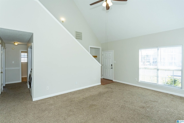 unfurnished living room with visible vents, carpet floors, high vaulted ceiling, and ceiling fan