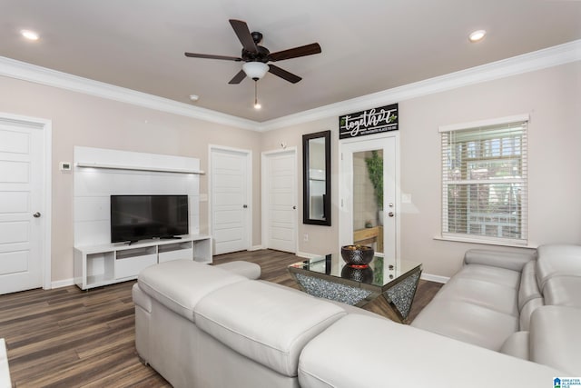 living room featuring ornamental molding, recessed lighting, baseboards, ceiling fan, and dark wood-style flooring
