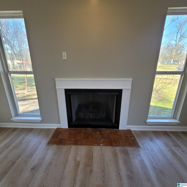 details featuring baseboards, a fireplace with flush hearth, and wood finished floors