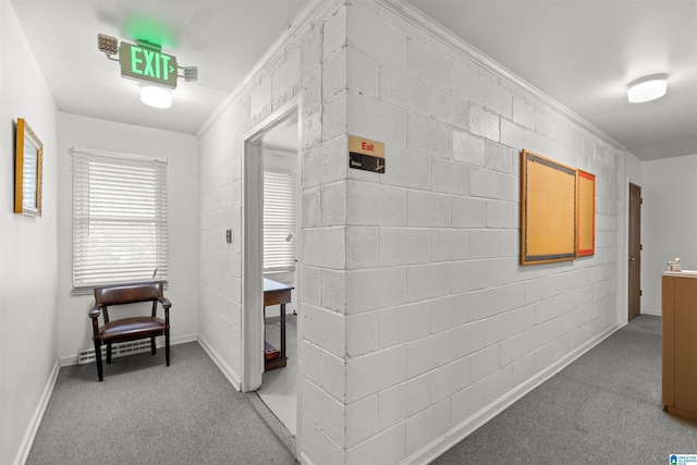 corridor featuring concrete block wall, carpet flooring, and baseboards