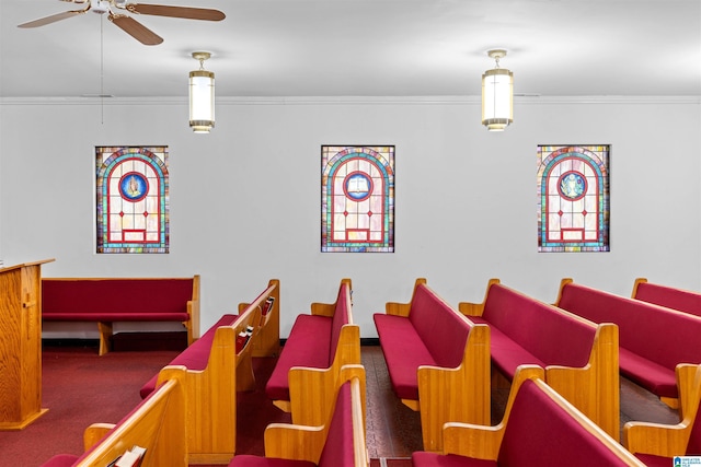 playroom featuring ornamental molding, carpet floors, and ceiling fan