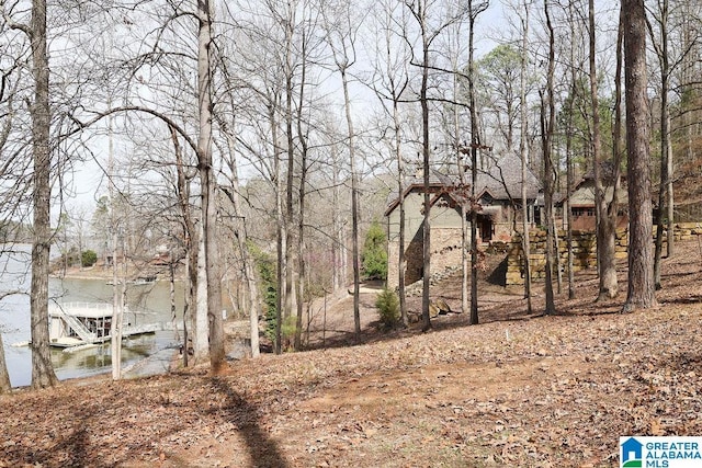 view of yard featuring a water view and a boat dock