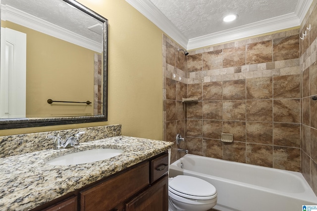 bathroom with toilet, ornamental molding, a textured ceiling,  shower combination, and vanity