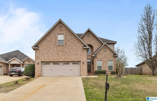 traditional-style home featuring brick siding, fence, concrete driveway, a front yard, and a garage