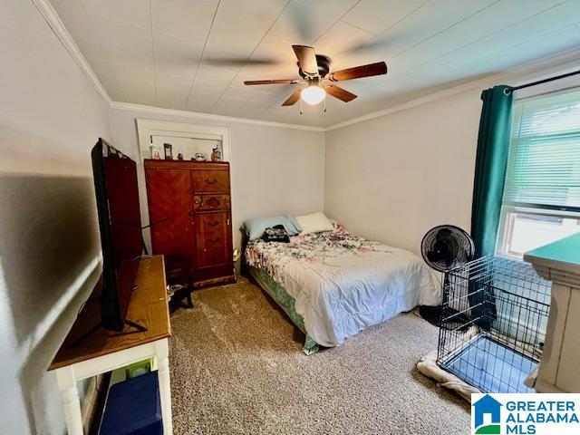 bedroom featuring a ceiling fan, crown molding, and carpet