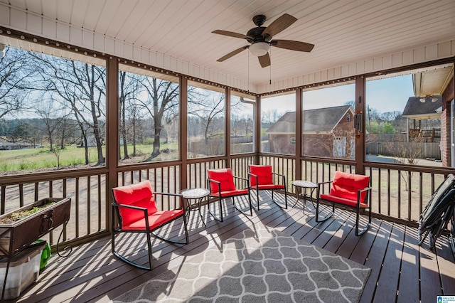 sunroom with wood ceiling and ceiling fan