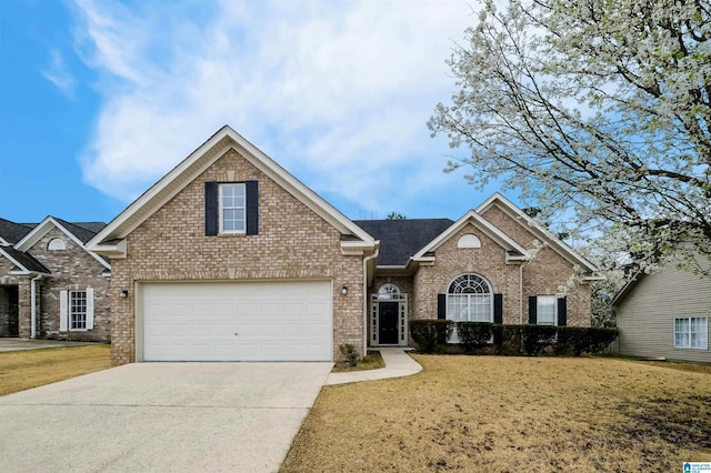 traditional-style house with brick siding, a front yard, an attached garage, and driveway