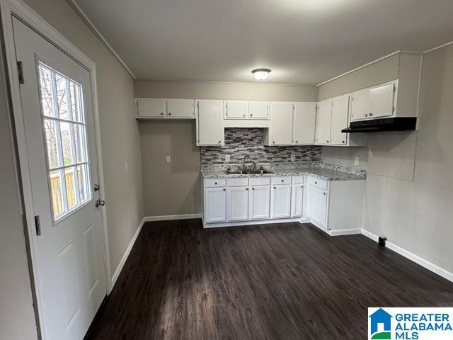 kitchen with a sink, decorative backsplash, dark wood-style flooring, and white cabinetry