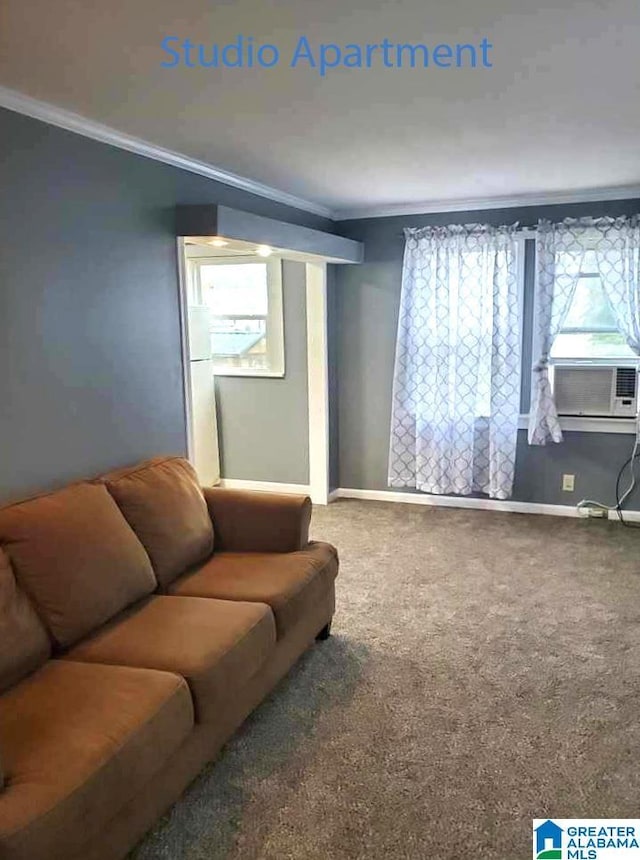 carpeted living room with a wealth of natural light, cooling unit, and ornamental molding